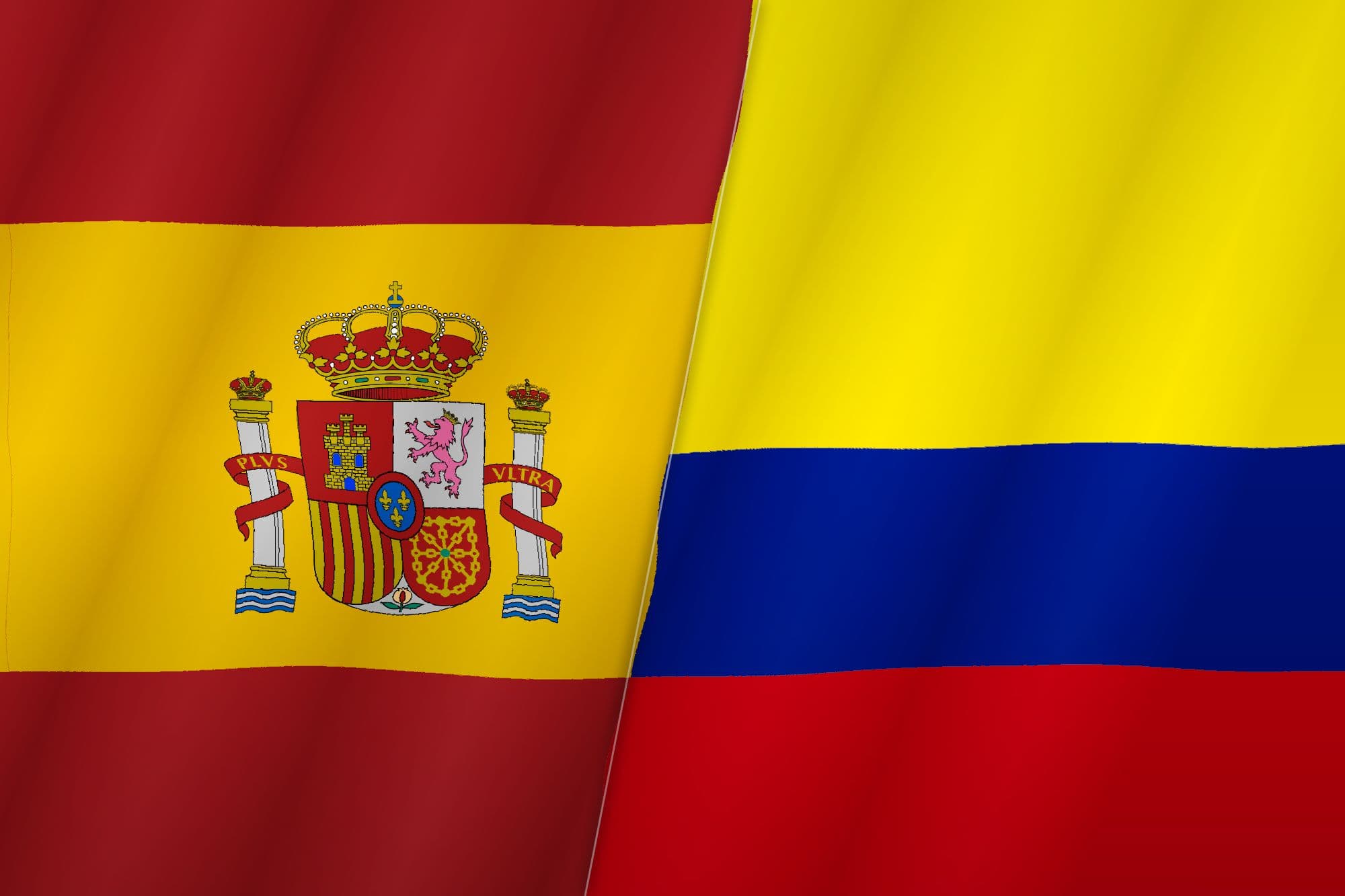 The flags of Colombia and Spain merged into one, joined by a diagonal seam