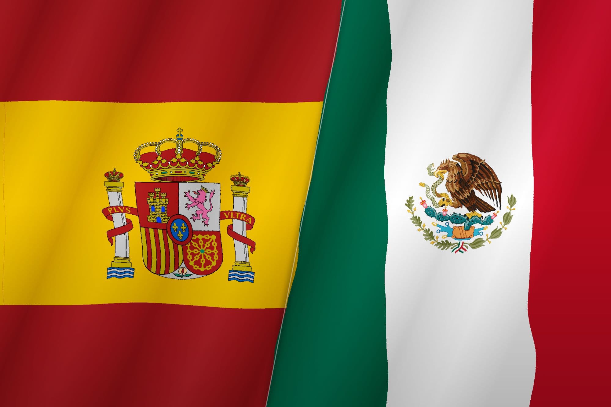 The flags of Mexico and Spain merged into one, joined by a diagonal seam