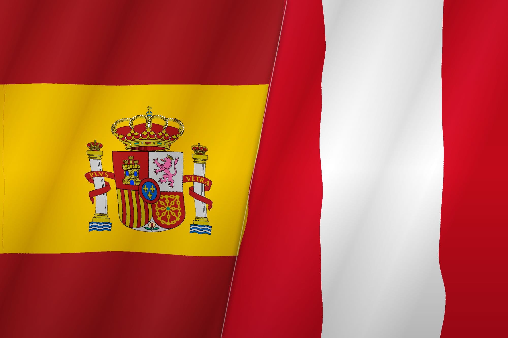 The flags of Peru and Spain merged into one, joined by a diagonal seam