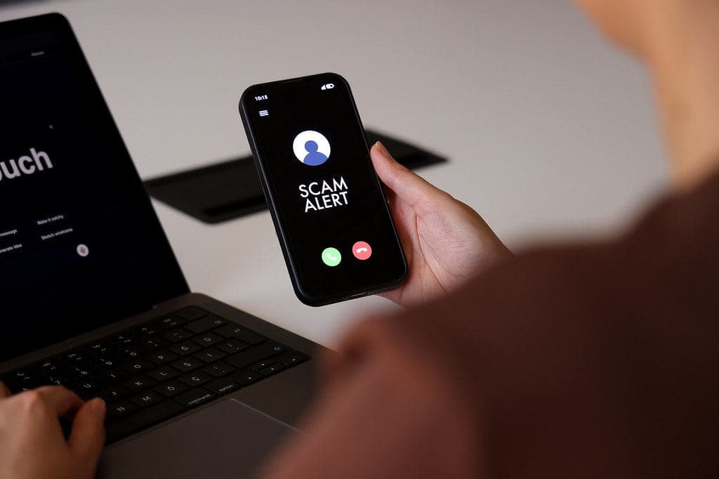 A mobile phone warning of an incoming call flagged as “Scam alert”
