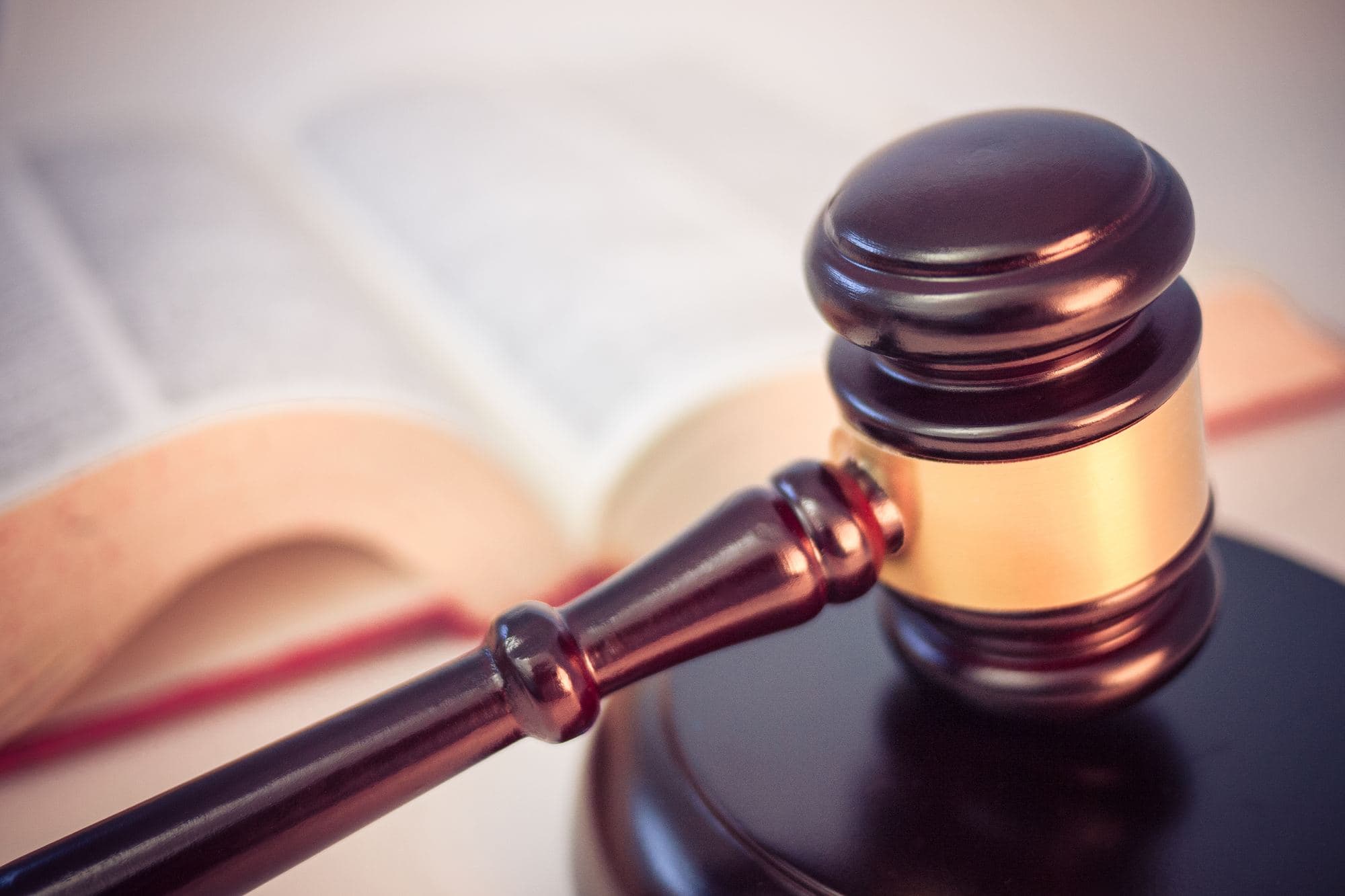 A judge's gavel resting on an open law book