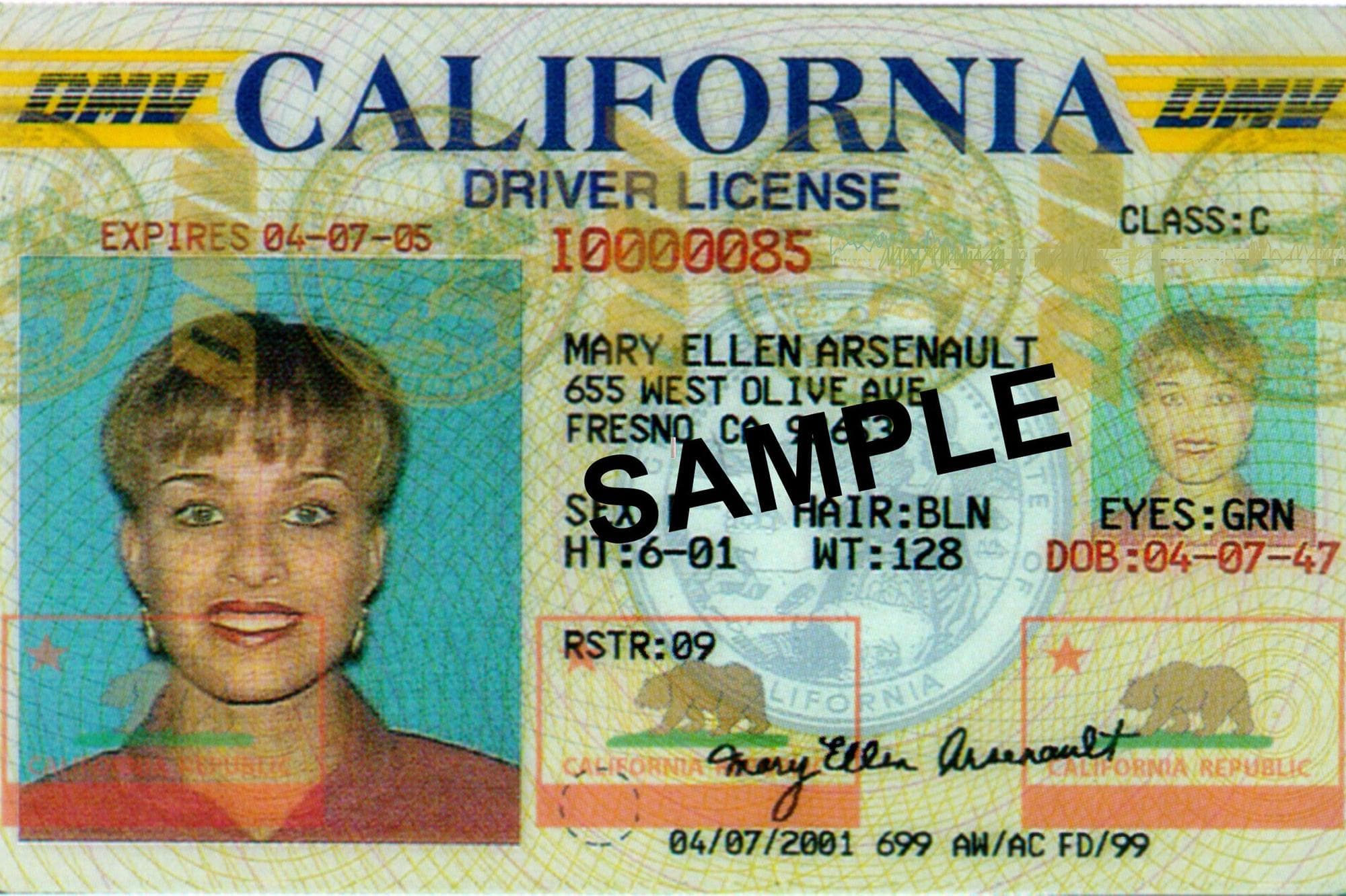 A sample California driver's license