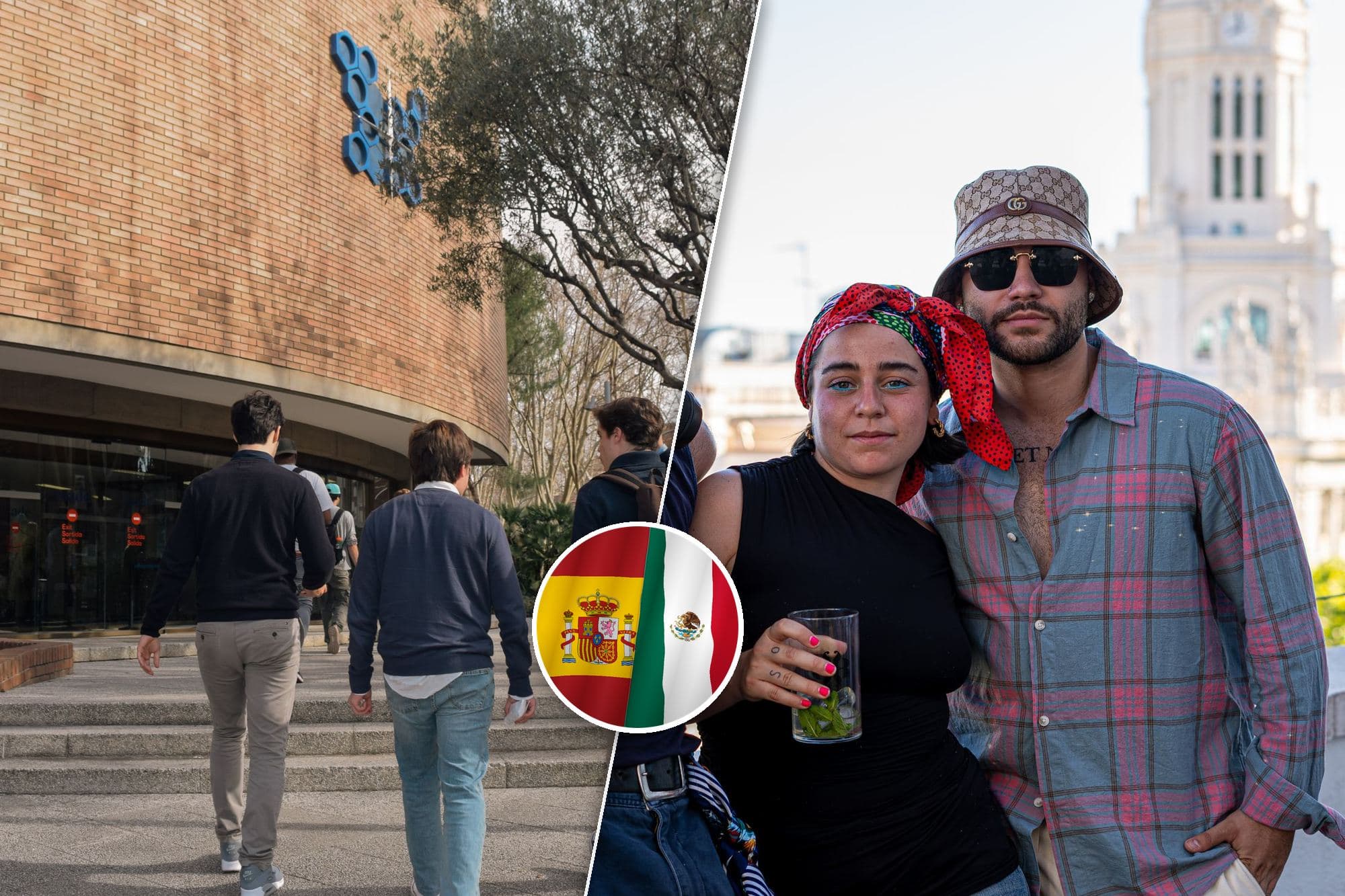 Image split on a diagonal: on the left, students walking towards a university building in Barcelona; on the right, two young people on a Madrid rooftop with the Cibeles Palace tower behind them. In the centre, the flag of Mexico merged with Spain's.