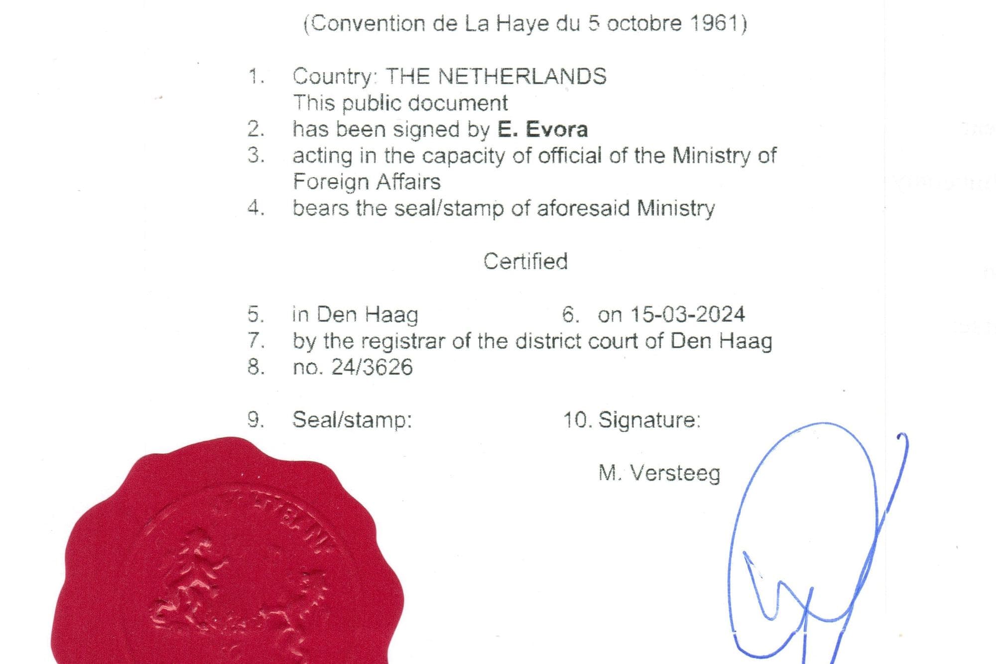 An apostille certificate with a red wax seal