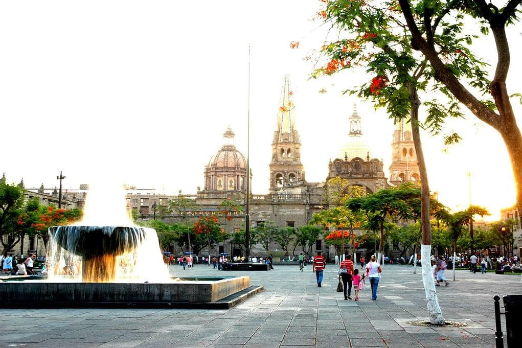 Guadalajara Cathedral (Mexico) at dusk, with a fountain in front