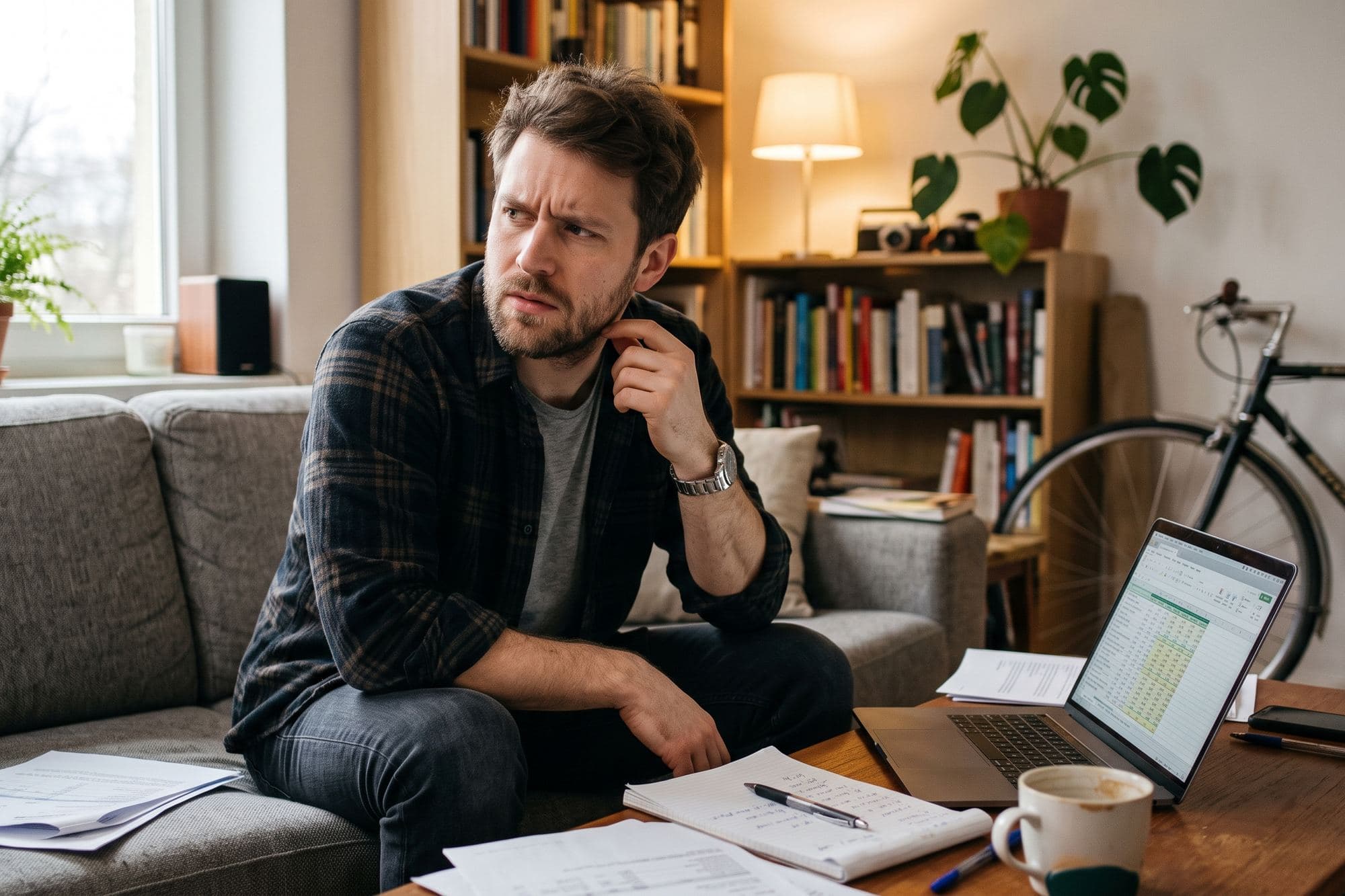 A man reviews invoices and a spreadsheet on his laptop, sitting on the sofa at home