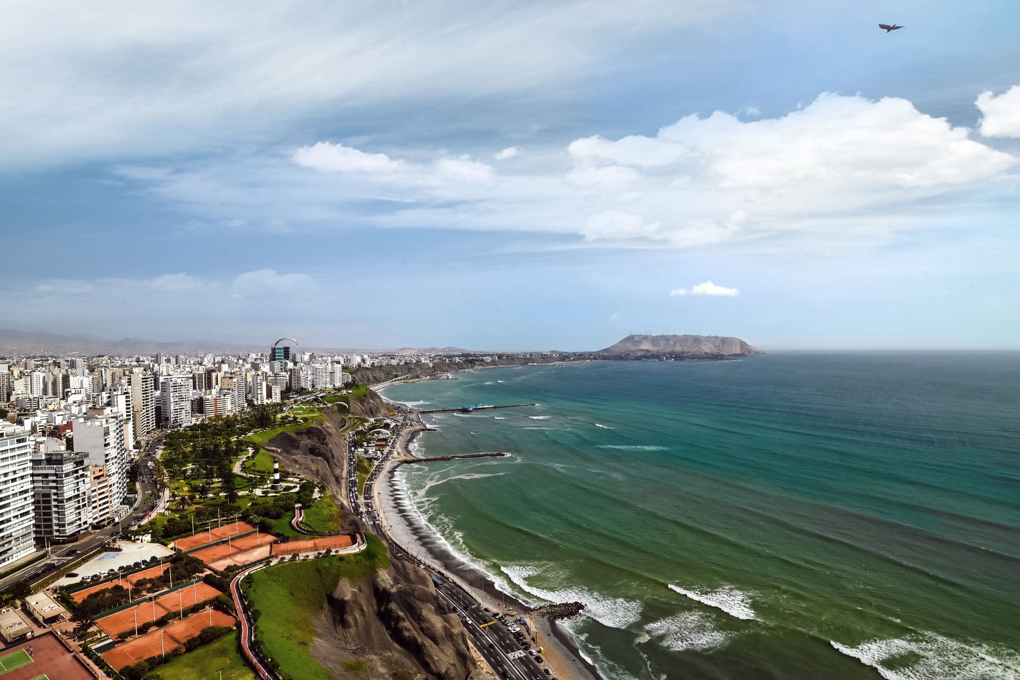 Aerial view of the Miraflores seafront and the bay of Lima