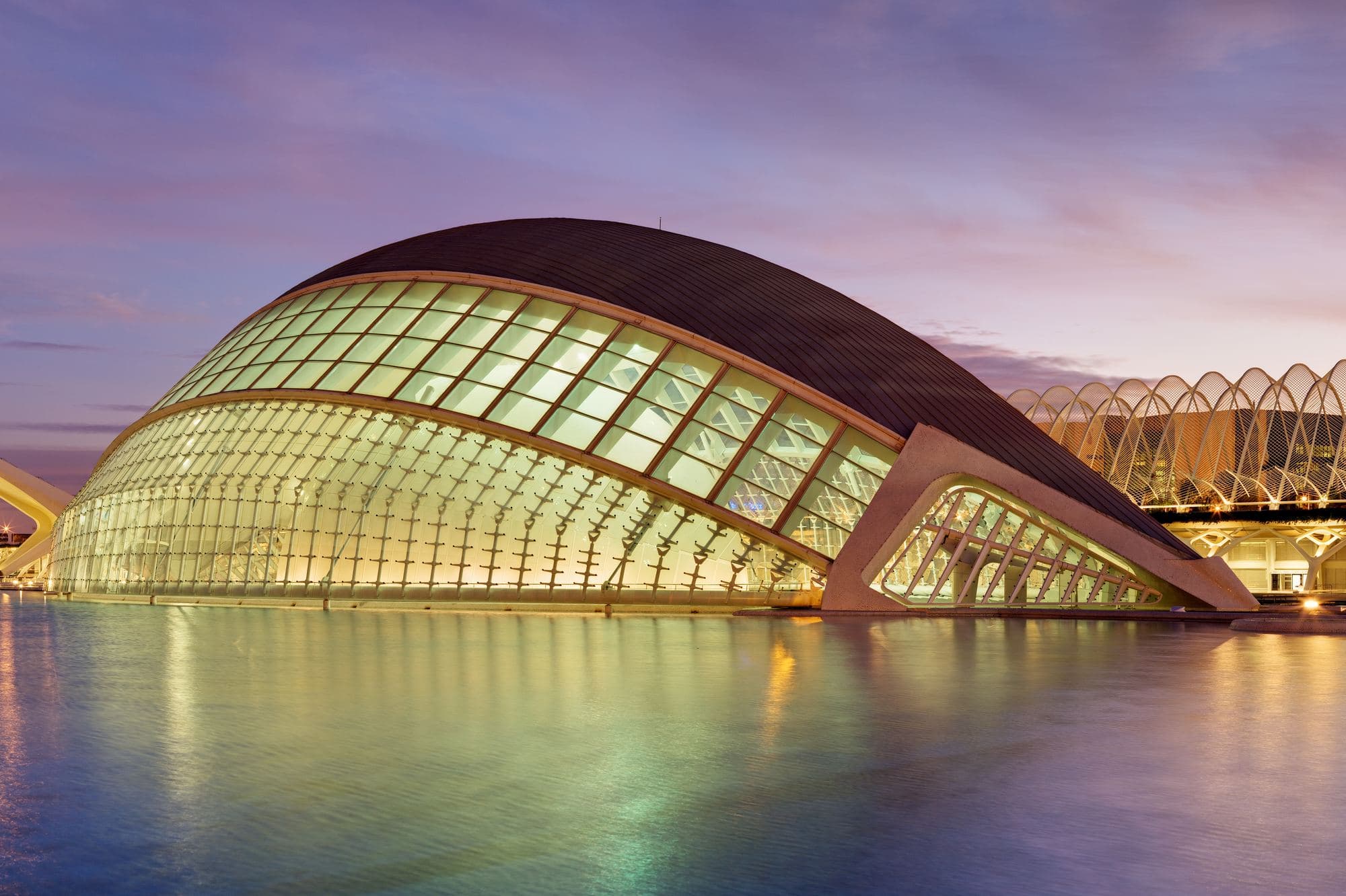 Valencia's Hemisfèric and Palau de les Arts reflected in the water at sunset