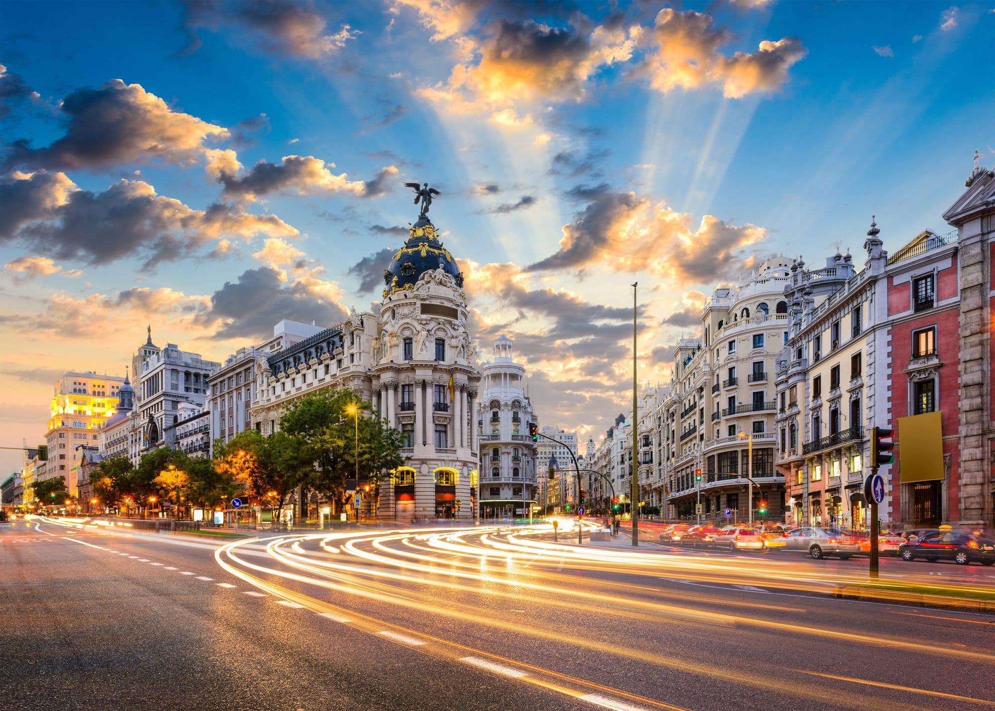 Gran Vía in Madrid at sunset