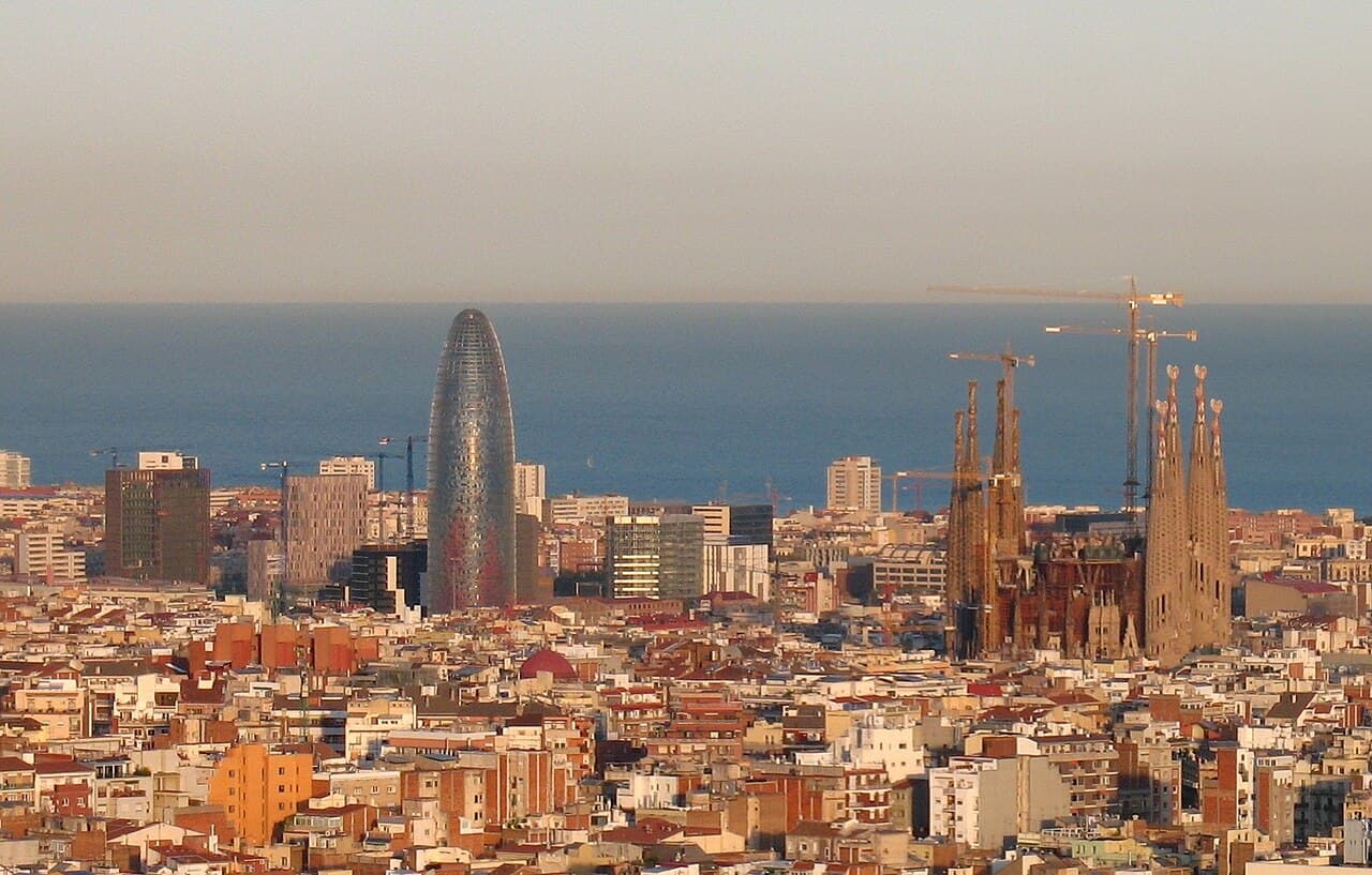 View of Barcelona with the Sagrada Familia, Torre Glòries and the sea